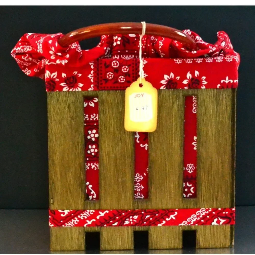 Vintage Wood Crate And Bandana Pocket Book Tote Knitting Bag Store Tag Attached